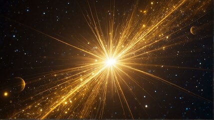 Fototapeta na wymiar Asymmetric yellow light burst with rays and golden sparkles bokeh on space cosmos galaxy background from Generative AI