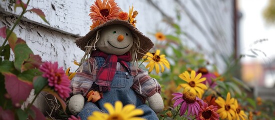 A scarecrow sits among flowers in a blooming field, creating a happy and artistic scene with colorful petals and plants.