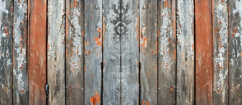 A detailed view of a deteriorating wooden fence with peeling paint, showcasing the textured hardwood surface.