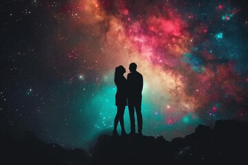 Fototapeta na wymiar Couple silhouette against a cosmic background Exploring themes of love Connection And the vastness of the universe