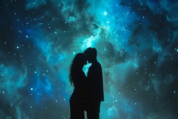 Couple silhouette against a cosmic background Exploring themes of love Connection And the vastness of the universe