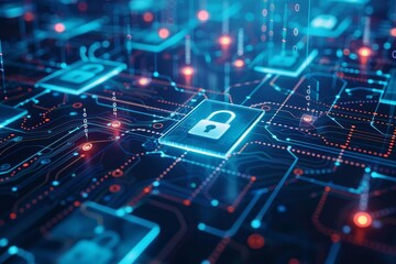 Cybersecurity concept with protective measures for digital data Featuring lock icons and technology interfaces