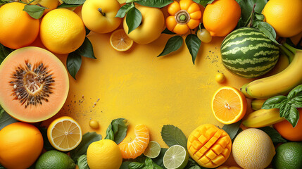 Yellow orange fruits vegetables arranged textured yellow background, highlighting freshness variety...