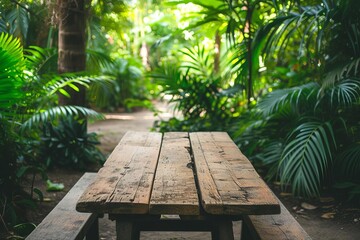 Rustic wooden table set in a lush garden Inviting a sense of peace and natural beauty Perfect for outdoor dining and relaxation
