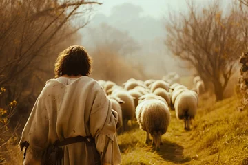 Fotobehang Shepherd depiction of jesus christ leading sheep through a field Praying and seeking guidance Illustrating themes of leadership Guidance And spiritual care in a pastoral setting © Bijac