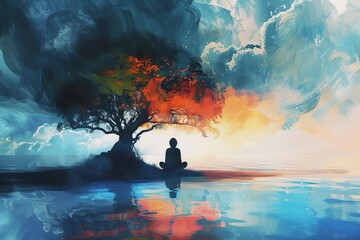 Visual metaphor for mindfulness and self-reflection Depicting a person meditating with an abstract thought tree - obrazy, fototapety, plakaty