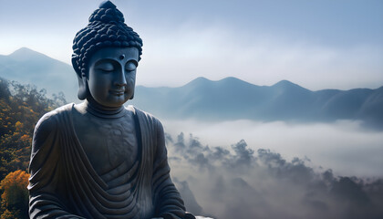 Buddha statue mediating on the top of the mountain. Magha Puja, Asanha Puja, and Visakha Puja Day. Buddhist holiday Concept. Generative Ai. - obrazy, fototapety, plakaty