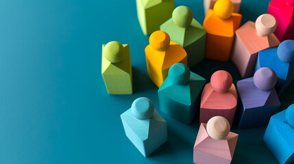 A variety of brightly colored wooden pawns are meticulously arranged to suggest movement and interaction on a vibrant blue surface