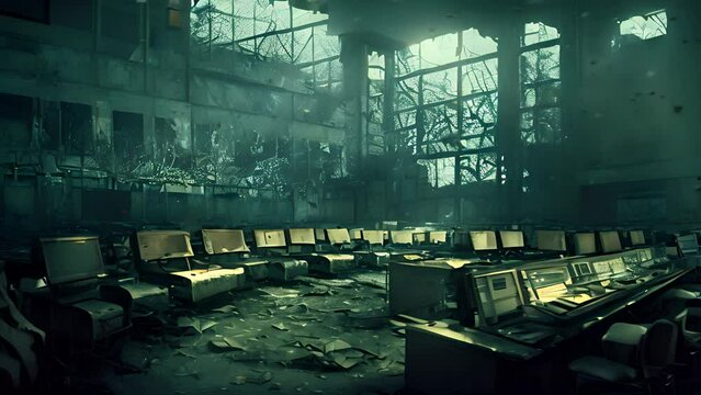A nuclear ruin of Chernoby nuclear power station in Ukraine, as a result of the famous Chornobyl nuclear incident in 1986 in Pripyat, Soviet Union. Cinemagraph background.
