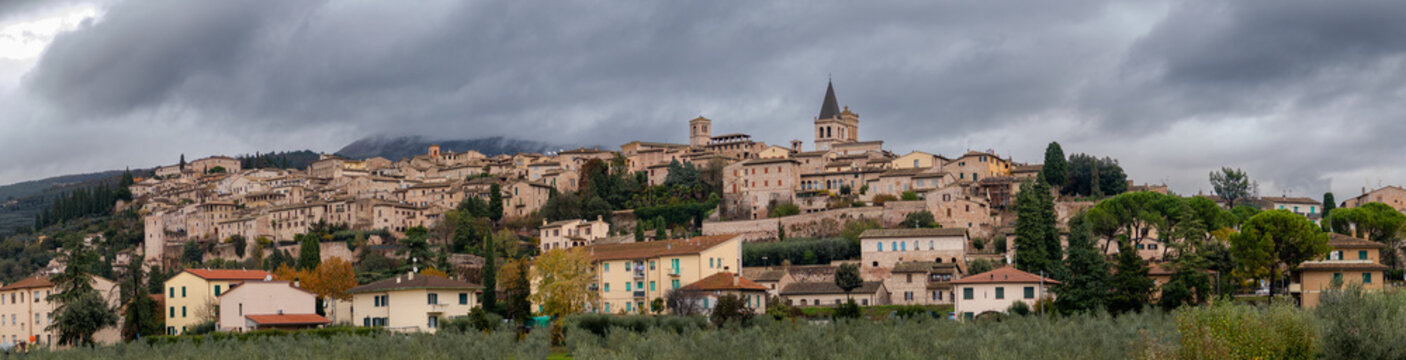 A panoramic image of the medieval city of Spello, Province of Perugia, Italy.