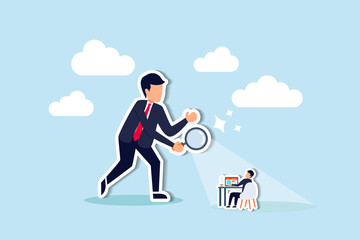 Toxic micromanagers excessively supervise, controlling every detail of employee work, fostering a toxic environment, micromanager boss using magnifying glass keep looking at employee working.