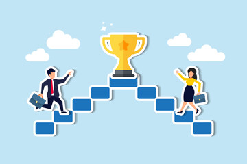 Business competition motivates employees, fostering rivalry, contest, and effort towards success concept, businessman and businesswoman walk up stair compete to win trophy.