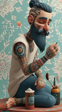 Cartoon digital avatar of a bearded tattoo artist with a sleeve of tattoos, using traditional handpoking techniques to create a mandala design on a clients thigh.