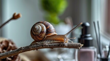 A tiny snail gracefully crawls on a twig resting on a bathroom shelf near a window. Generative AI.