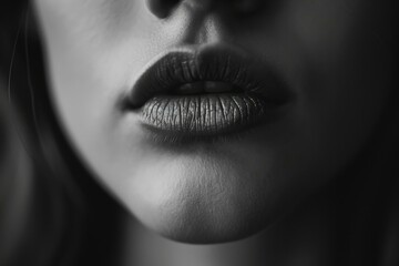 Black and white photo of a woman's lips. Generative AI.