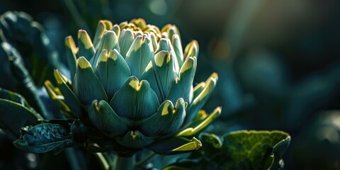The artichoke unveils its layers, glowing with a soft green light. Generative AI.