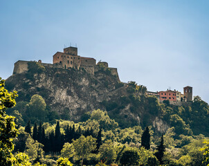 Naklejka premium The cliff of Verucchio: borough in the Marecchia river valley, province of Rimini, Emilia-Romagna, Italy