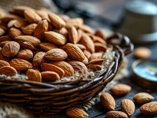 A rustic basket of organic almonds on a wooden table, a healthy snack for a balanced diet. Generative AI.