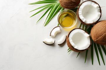 Fototapeta na wymiar Coconuts and palm leaves, essential ingredients in plant-based cuisine.