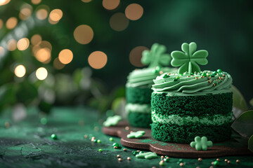 Decorated green cake with shamrock on blurred background with lights. Food for holidays. St Patrick's Day celebration. Restaurant, cafe, recipe, menu concept. Card, poster, banner with copy space - obrazy, fototapety, plakaty