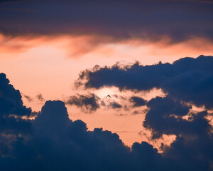 Dramatic dark blue cloudy sky. Pink and orange sunset sky background