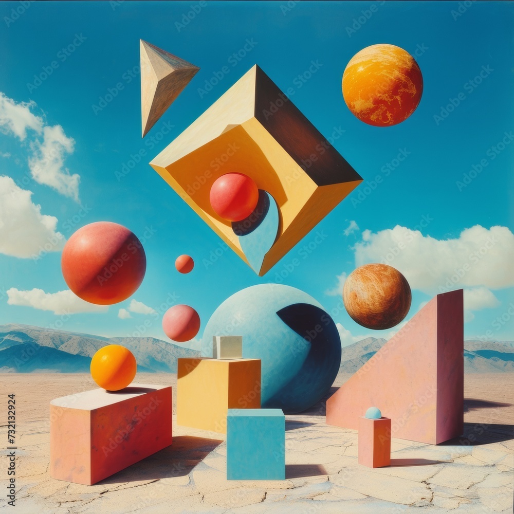 Poster A painting of a large number of cubes and spheres in the desert, AI