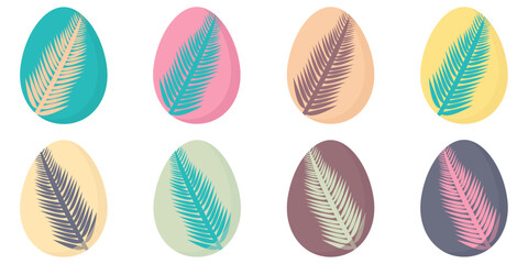 Fototapeta na wymiar Colorful set Happy Easter of eight decorated eggs with tropical exotic leaves. Flat style. Multicolored vector hand drawn illustration done in yellow, blue, brown, pink, green colors