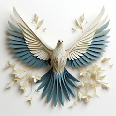 Fototapeta premium Elegant Paper Craft Dove with Olive Branches on White Background