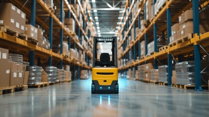 A photo of an automated forklift equipped with 5G sensors navigating through a busy warehouse floor with precise and efficient movement facilitated by the private network