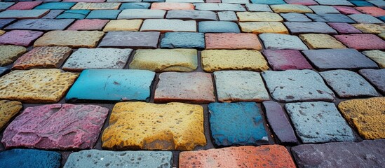 Colorful brick stone street road sidewalk, pavement texture background seen from a different angle.