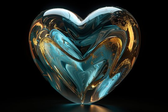 big aqua and gold love heart line art with light isolated black background