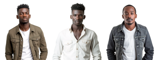 Three young African men wearing casual clothes and looking at camera over isolated transparent background