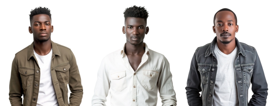 Three young African men wearing casual clothes and looking at camera over isolated transparent background