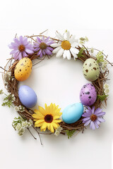 Fototapeta na wymiar Top view of Happy Easter banner concept decorated with crown of colorful eggs and flowers over white vertical background