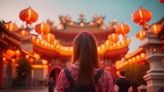 A visitor walk and admires the warm glow of red lanterns at a traditional festival, with the intricate architecture of the temple providing a majestic backdrop