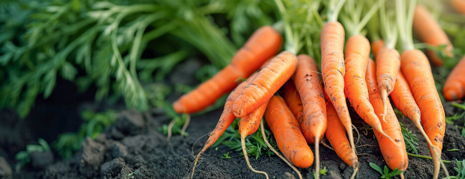 Fresh carrots after harvesting lying over fertile dark soil. Close up banner image