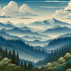 Japanese-Style Illustration of Mountains, Forest, and Hilly Terrain