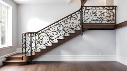 elegant decorative metallic floral stair railing in empty home with white walls