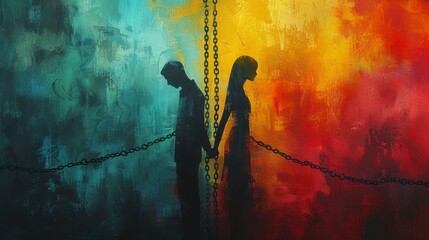 A painting of a couple chained together with chains, AI