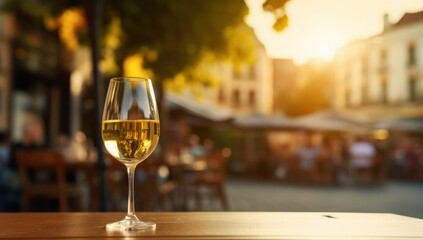 A Luxurious Celebration: Closeup of Wineglass on Wooden Table with Red and White Wine, Enjoying the Beautiful Sunset in the Green Garden of a Romantic Restaurant