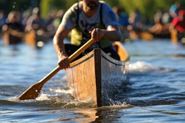 Focused Man rows an oar in a canoe. River summer kayaking sport. Generate Ai