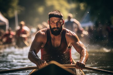 Athletic Man rows an oar in a canoe. River summer kayaking sport. Generate Ai