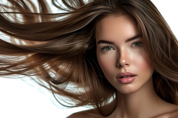 Fototapeta premium closeup photo portrait of a beautiful young female model woman shaking her beautiful brunette hair in motion for shampoo conditioner hair products