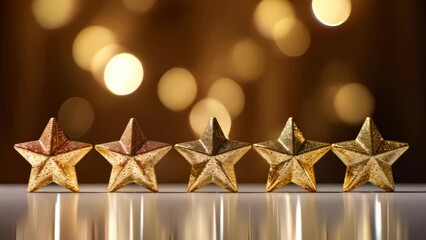 Front view of 5 star shape line up on table isolated on bokeh and gold glitter background. The best excellent business services rating customer experience concept.