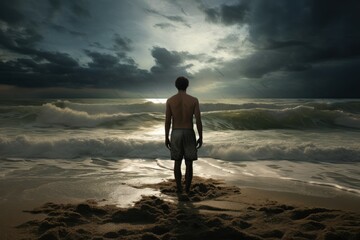 Solitary Man sea walk. Person alone. Generate Ai