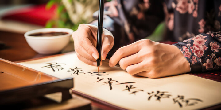 Ink-filled Calligrapher's Hand gracefully painting intricate Chinese Characters on White Paper.