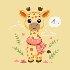 Cute hand drawn vector illustration of a cute giraffe with lettering Hello