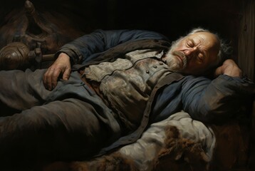 Fototapeta premium Dreaming Senior man sleeping. Funny break. Generate Ai