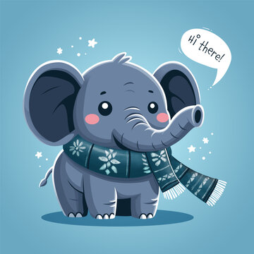 Cute cartoon elephant with scarf. Vector illustration