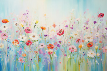 Colorful Floral Meadow: A Vibrant Spring Painting of Blossoming Flowers in an Abstract Art Style on a Textured Pastel Canvas.
